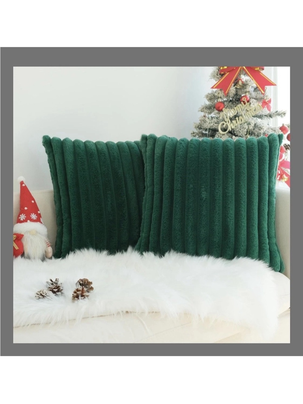 Set of 2- 18”x18” Green Faux Fur Striped Square Throw Pillow Covers #1060